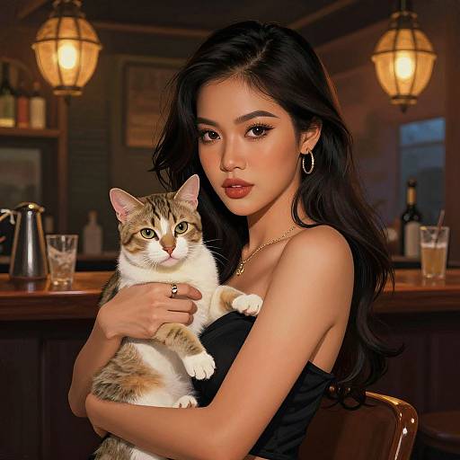Photograph of a beautiful Asian woman with long black hair, hoop earrings, and red lipstick, holding a gray-and-white cat in a dimly lit