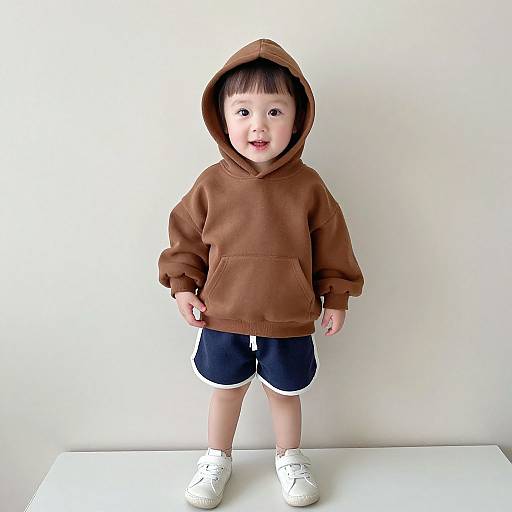 Smiling Child in Brown Hoodie and Blue Shorts