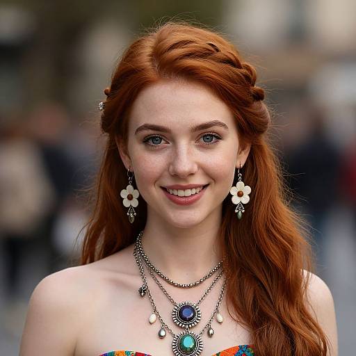 Photograph of a smiling young red-haired woman with blue eyes, wearing white flower earrings, layered necklaces, and a colorful strapless dress, set