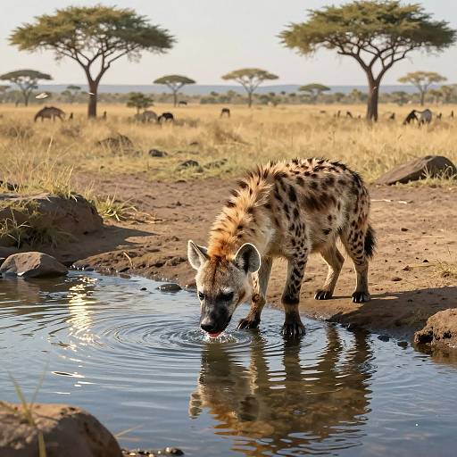 Photograph of a spotted hyena drinking from a small waterhole in a sunlit African savanna, with distant acacia trees and grazing wilde