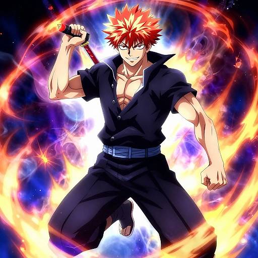Digital anime illustration of a muscular, red-haired man with spiky hair, black shirt, and pants, wielding a sword, surrounded by vibrant flames and