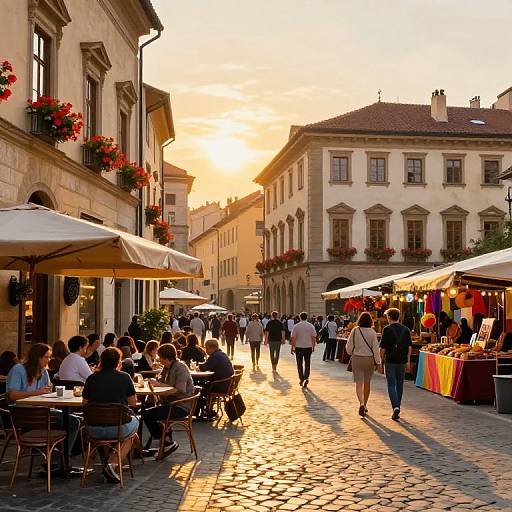 Golden Hour Piazza with Vibrant Market