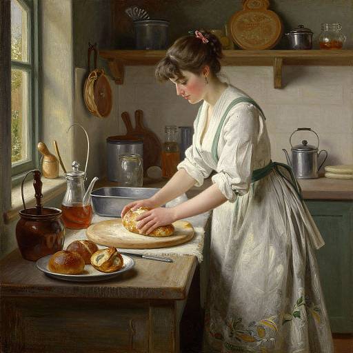Photorealistic painting of a young woman in a white apron, baking bread in a sunlit, rustic kitchen with wooden shelves and vintage pots.