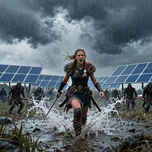 Photograph: Brave, brown-haired warrior woman in fur-trimmed leather armor splashes through muddy rainwater, leading solar-panel-equipped soldiers under storm