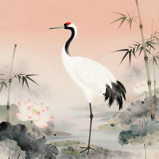 Digital painting of a white crane with a red crown, black neck, and long legs, standing in a misty bamboo forest at sunrise.