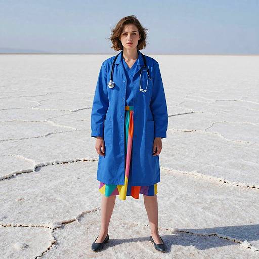 Photograph of a woman with brown hair in a blue medical coat, standing on a white, cracked salt flat, with colorful fabric peeking out from