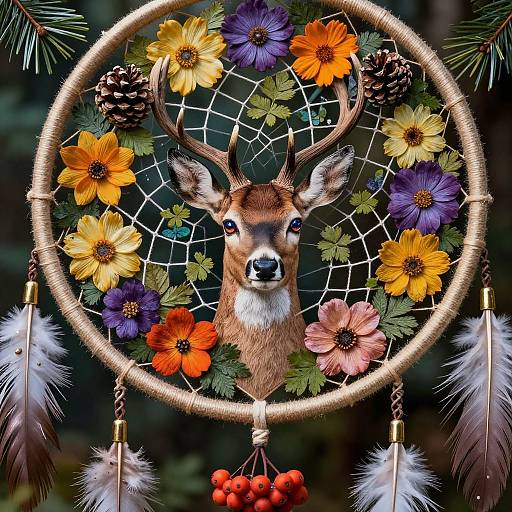 Photograph of a dreamcatcher with a deer's head in the center, surrounded by colorful flowers, pinecones, feathers, and red berries