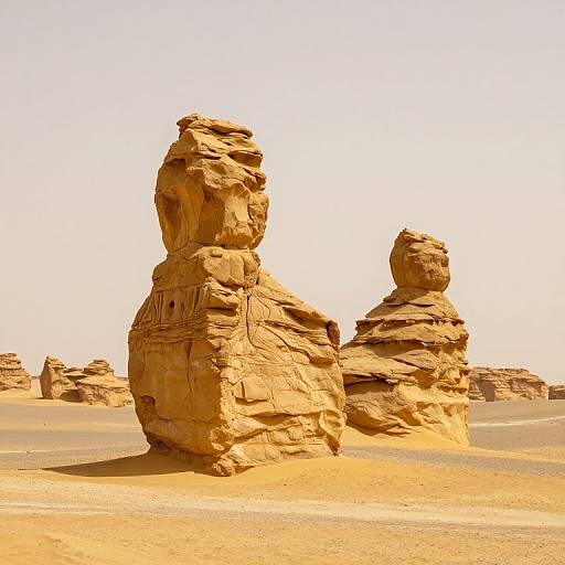Photograph of towering, weathered sandstone formations in a desert landscape, with a bright, clear sky and golden sandy ground.