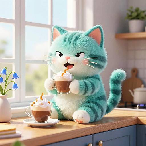 Whimsical Teal Tabby Cat in Kitchen