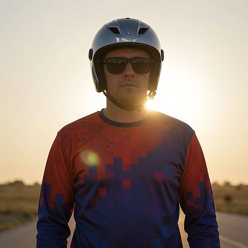 Photograph of a man in a white helmet and dark sunglasses, wearing a red and blue pixel-patterned long-sleeve shirt, standing in front
