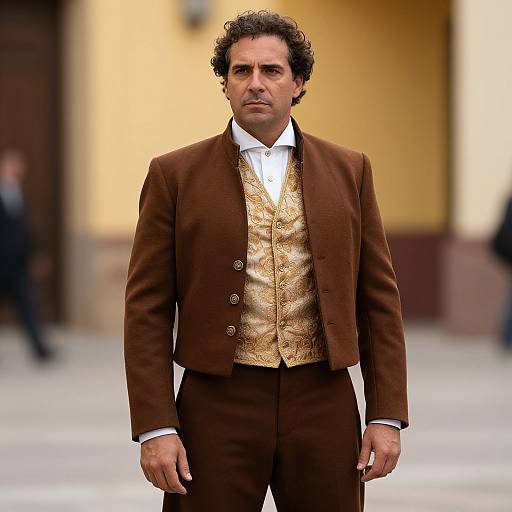 Photograph of a middle-aged man with curly dark hair, wearing a brown suit, gold patterned vest, and white shirt, standing confidently in front
