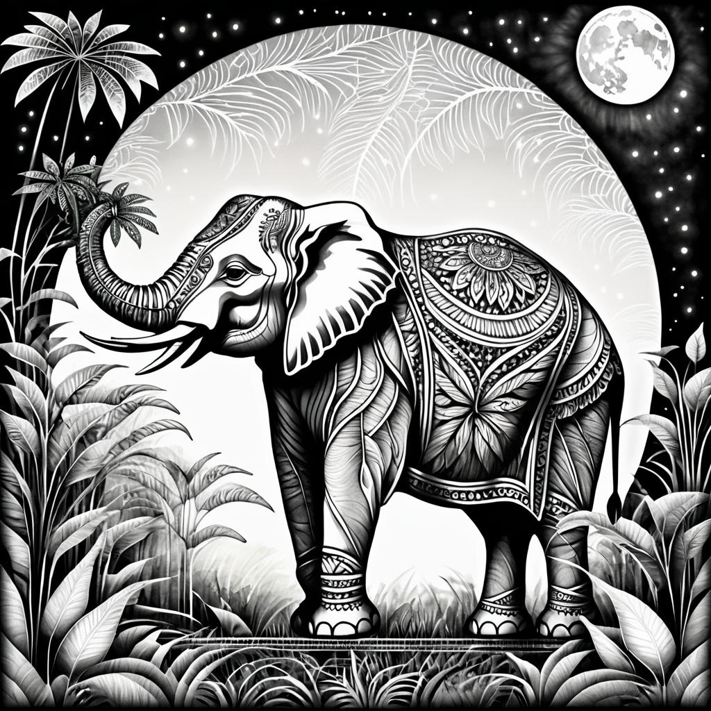 Serene Elephant in Lush Jungle Drawing