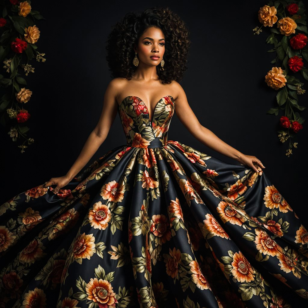 Elegant Woman in Floral Gown on Black