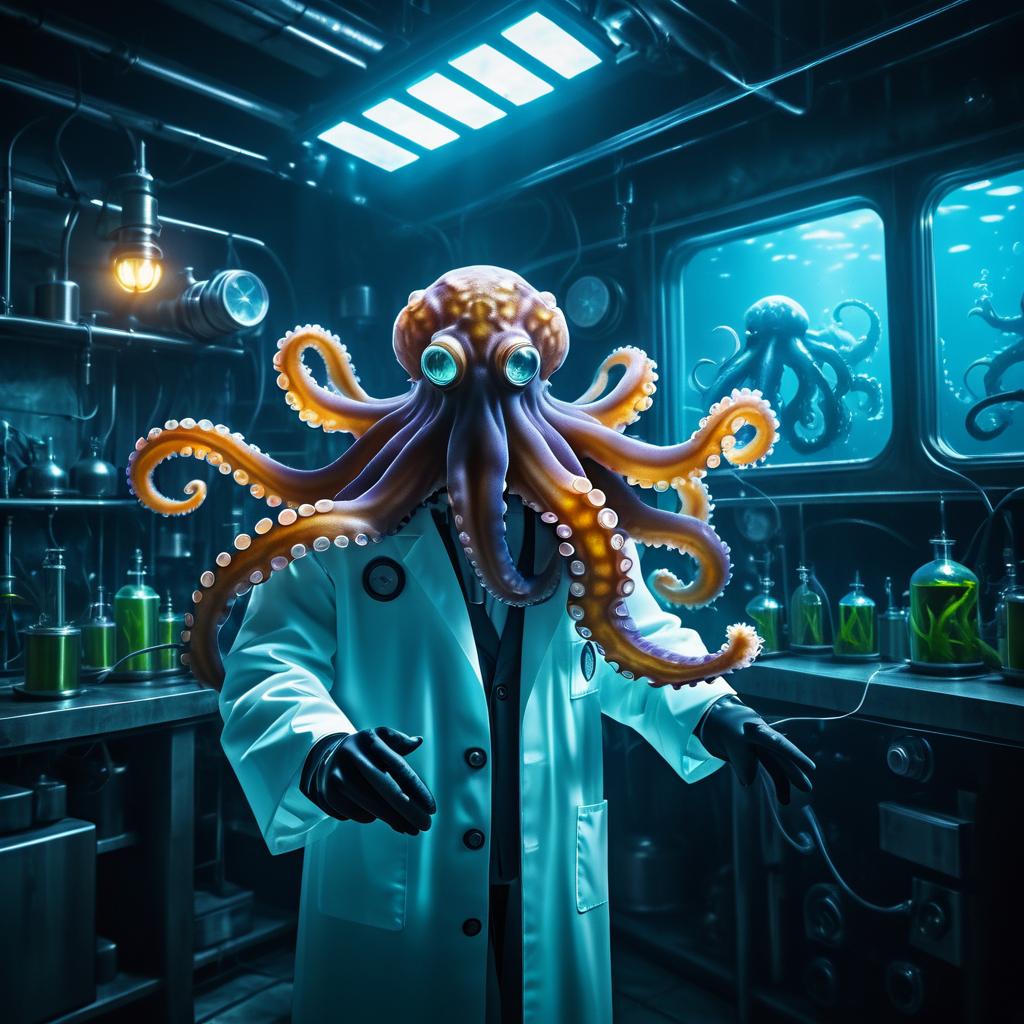 Gritty Octopus Scientist in Underwater Lab