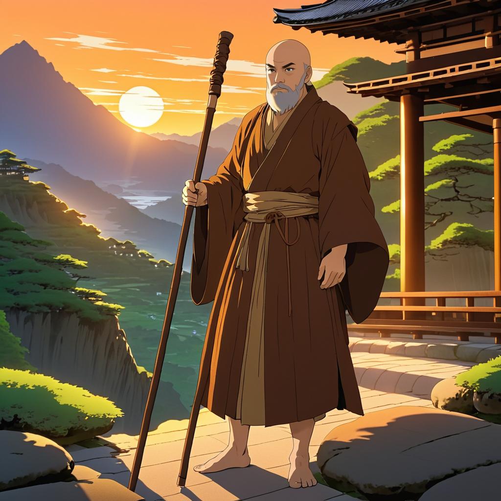 Monk in Serene Mountain Temple at Sunset