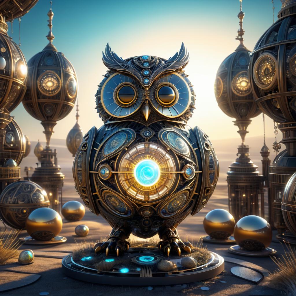 Steampunk Owl with Radiant Egg in Futuristic Landscape