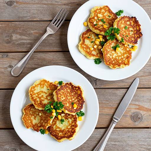 Photograph of two white plates with golden-brown, crispy fried chicken patties, garnished with parsley and corn, on rustic wooden table with fork