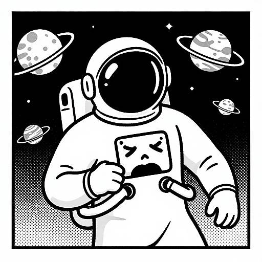 Black-and-white comic-style drawing of an astronaut holding a tablet, surrounded by planets, wearing a helmet with a reflective visor.