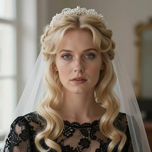Blonde Bride in Black Lace Dress and White Veil