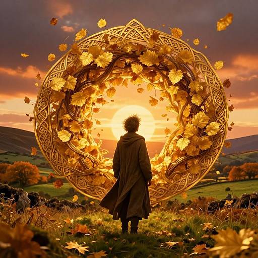 Photograph of a silhouette in a long coat, standing before a glowing, golden, Celtic-patterned circular wreath with autumn leaves, set against a