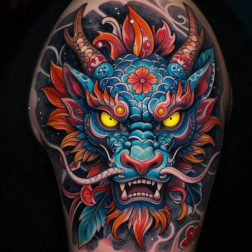 Vibrant digital tattoo of a blue dragon with fiery yellow eyes, red and orange flames, and intricate scales, set against a dark, cosmic background