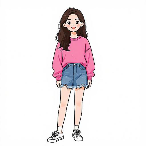 Digital anime-style drawing of a cute young girl with long dark brown hair, pink sweater, frayed denim shorts, and white sneakers.