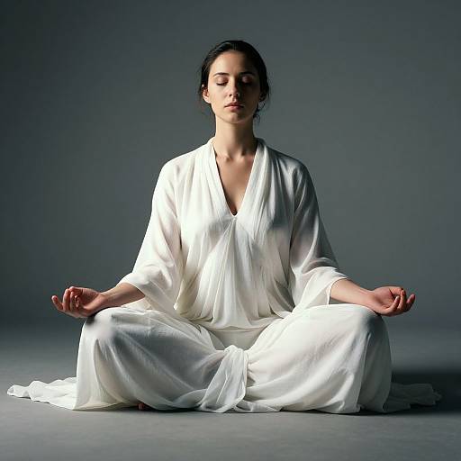 Photograph of a serene, dark-haired woman in a white, flowing robe, meditating in a lotus position against a gradient gray background.