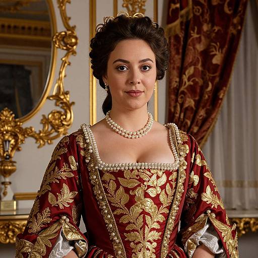 Photograph of a dark-haired woman in an ornate, red and gold Renaissance-style gown with pearl necklace, standing in a luxurious, gold-accent