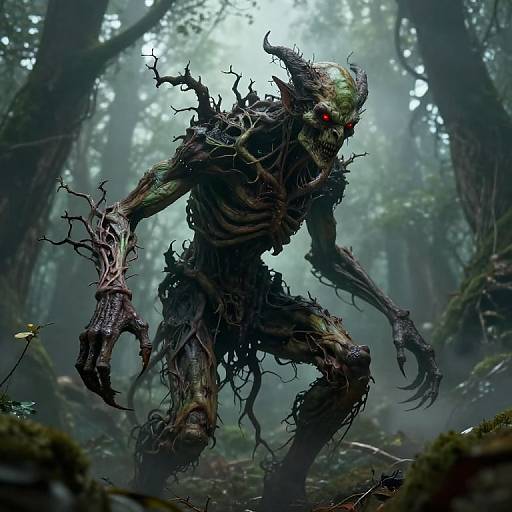 Digital artwork of a twisted, skeletal forest monster with green, decaying skin, red glowing eyes, and gnarled, leafless branches for limbs