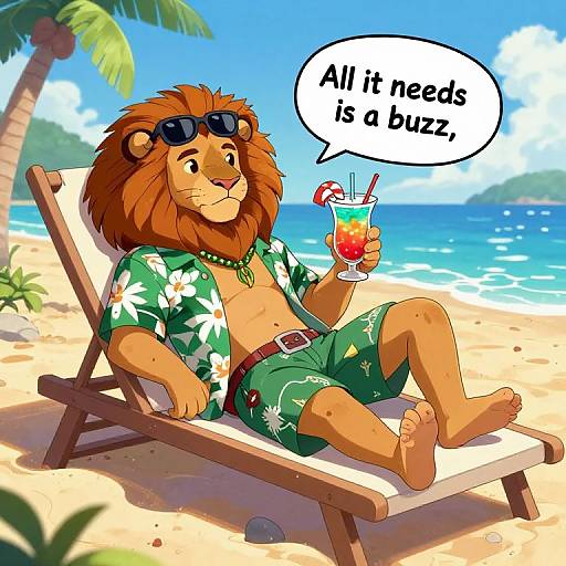 Cartoon lion in green Hawaiian shirt and shorts, sunglasses, and a cocktail, saying 
