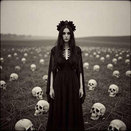 Black-and-white photograph of a pale woman with long dark hair and a flower crown, wearing a black dress with a skeletal chest design, standing in a