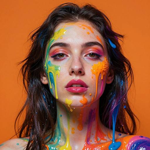 Photograph of a young woman with long dark hair, covered in vibrant, dripping paint against an orange background, featuring colorful splashes on her face and