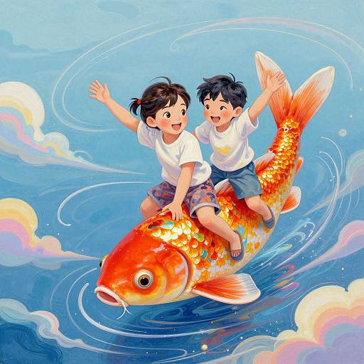 Two joyful children riding a vibrant, orange-gold koi fish through clear blue water with swirling ripples and fluffy clouds. Digital illustration.