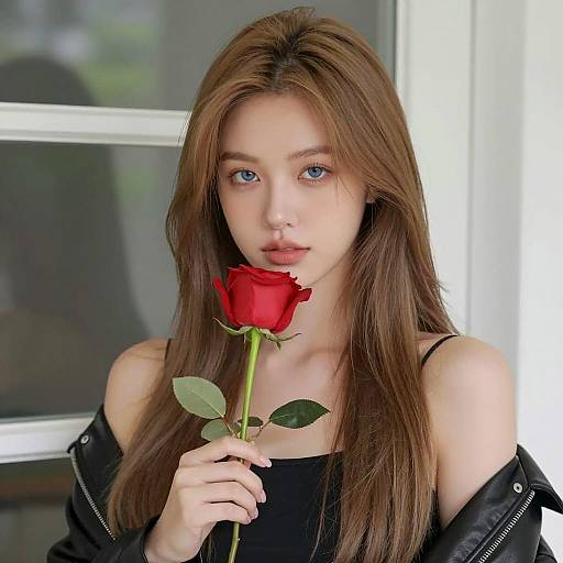 Young woman holding red rose