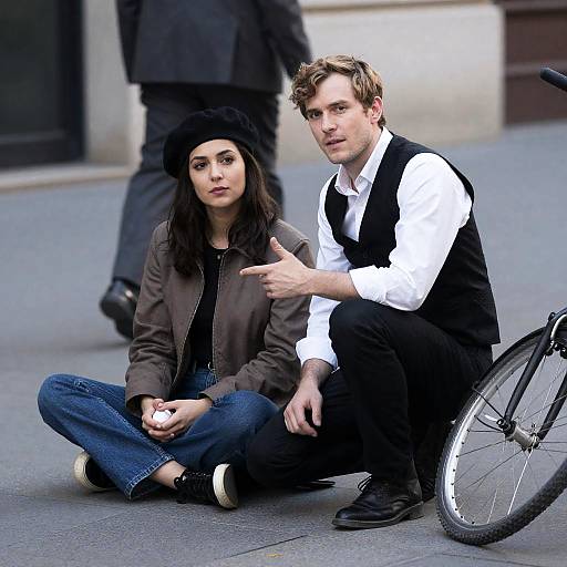 Two People Sitting on City Sidewalk with Bicycle