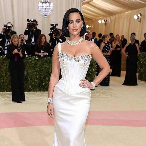 Photograph of Kim Kardashian in a white, strapless satin gown with lace detailing, pearl necklace, and bracelet, posing confidently in an elegant, well
