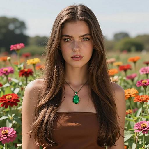 Young Woman with Long Hair in Flower Garden