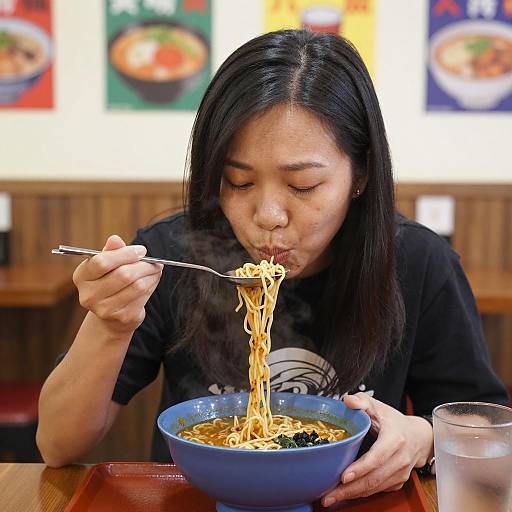 Asian Woman Eating Ramen Noodles