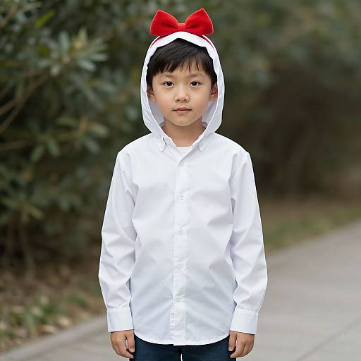 Photograph of an Asian boy with black hair wearing a white hoodie with a red bow and standing outdoors on a path.