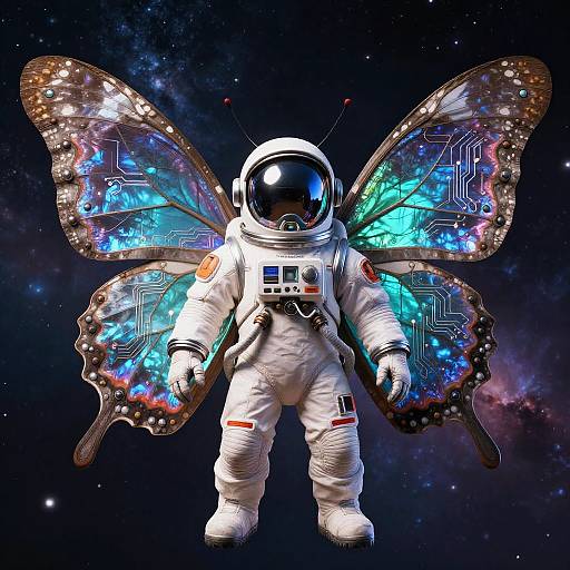 Digital art: Astronaut with white suit and reflective helmet, adorned with glowing, butterfly-like wings featuring neon blue, green, and circuit patterns, floating