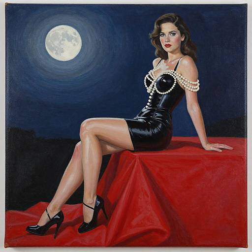 Vintage-style painting of a glamorous woman with red lipstick, black leather dress, pearl necklace, and high heels, sitting on a red cloth under a full