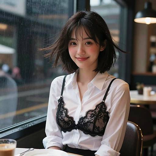 Cyber Girl in a Rainy Cafe Night