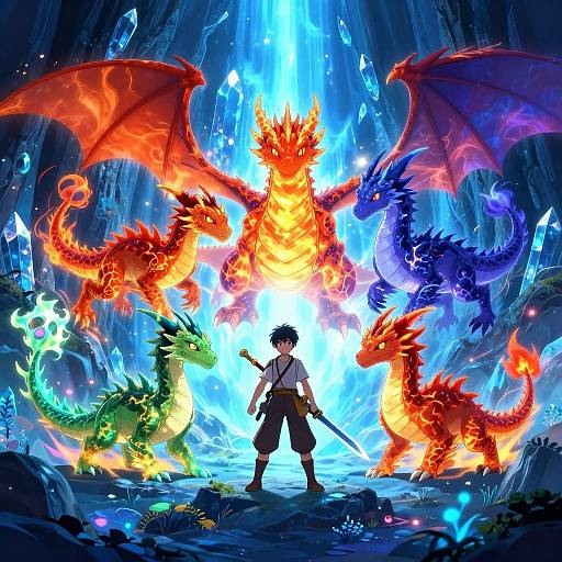 Digital art: Adventurer with sword faces five colorful dragons (red, blue, green, orange, purple) under a glowing, icy cave entrance.
