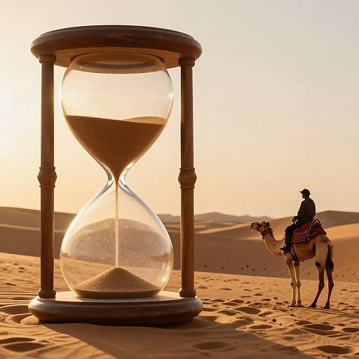 Photograph of an hourglass and a rider on a camel in a sunlit desert, with dunes and golden sunlight in the background.