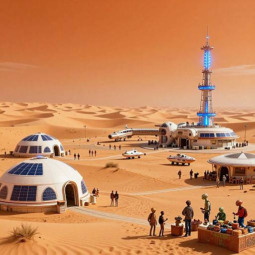 Digital art of a futuristic desert oasis with white domed buildings, a blue-lit tower, and people walking in orange sand dunes.