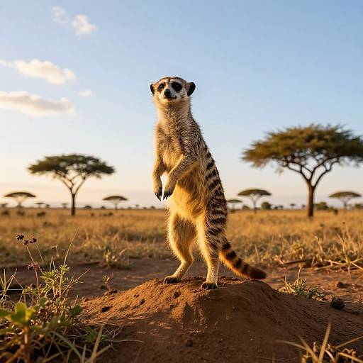 Photograph of a meerkat standing on a dirt mound in a sunlit savanna, with acacia trees and a clear blue sky in the