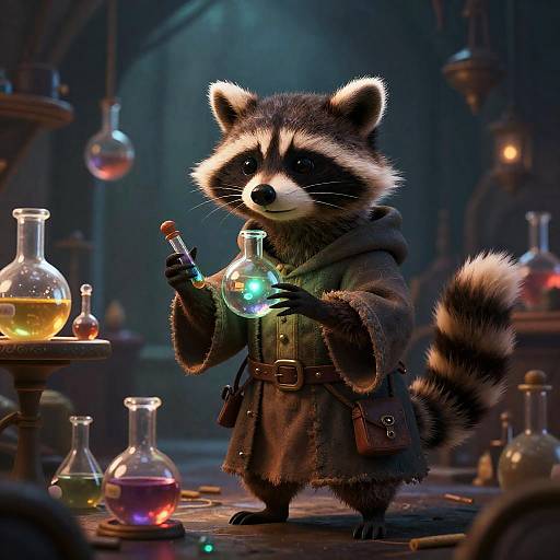 Whimsical Raccoon Alchemist in Enchanted Lab