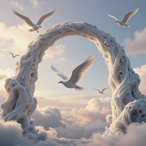 Photograph-like digital art of a swirling, white, cloud-like arch framed by five white birds in a pastel sky with clouds.