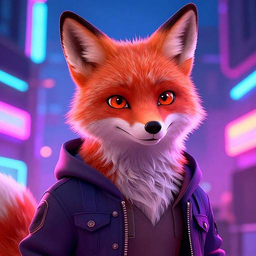 Digital artwork of a vibrant orange fox with large, expressive eyes, wearing a dark hoodie, set against a neon-lit cityscape.