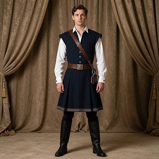 Photograph of a young man with short brown hair, standing in front of brown draped curtains, wearing a white shirt, black vest, and kilt